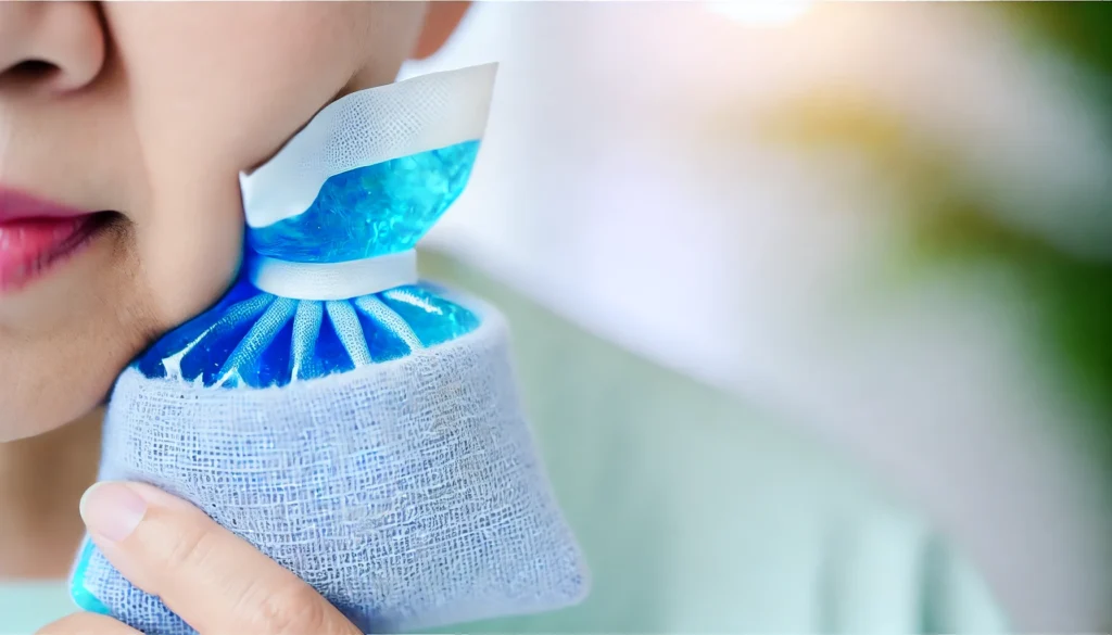 A detailed image of a cold compress being gently applied to the outside of a person's cheek. The compress is a blue gel pack wrapped in a soft cloth,