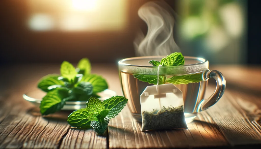 A detailed image of a peppermint tea bag steeping in a small glass cup of hot water, with steam rising gently. Fresh peppermint leaves are placed near