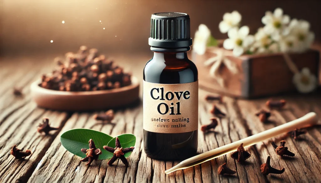 A detailed image showing a small bottle of clove oil with a dropper, next to fresh cloves on a wooden surface. The setting includes a calm, natural ba