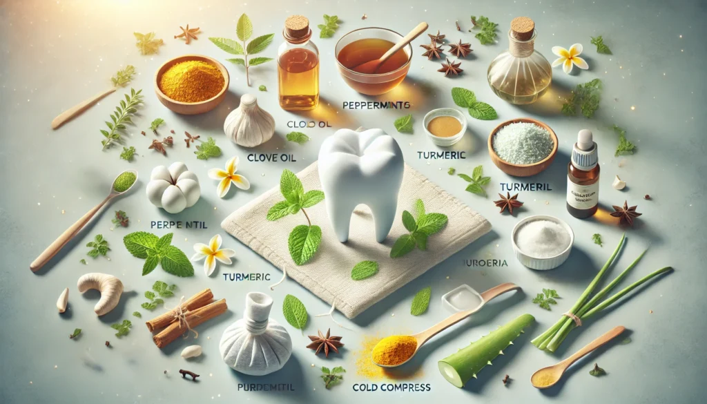 A visually engaging image representing 10 home remedies for teeth and gum problems. The image shows various natural ingredients like clove oil, pepper