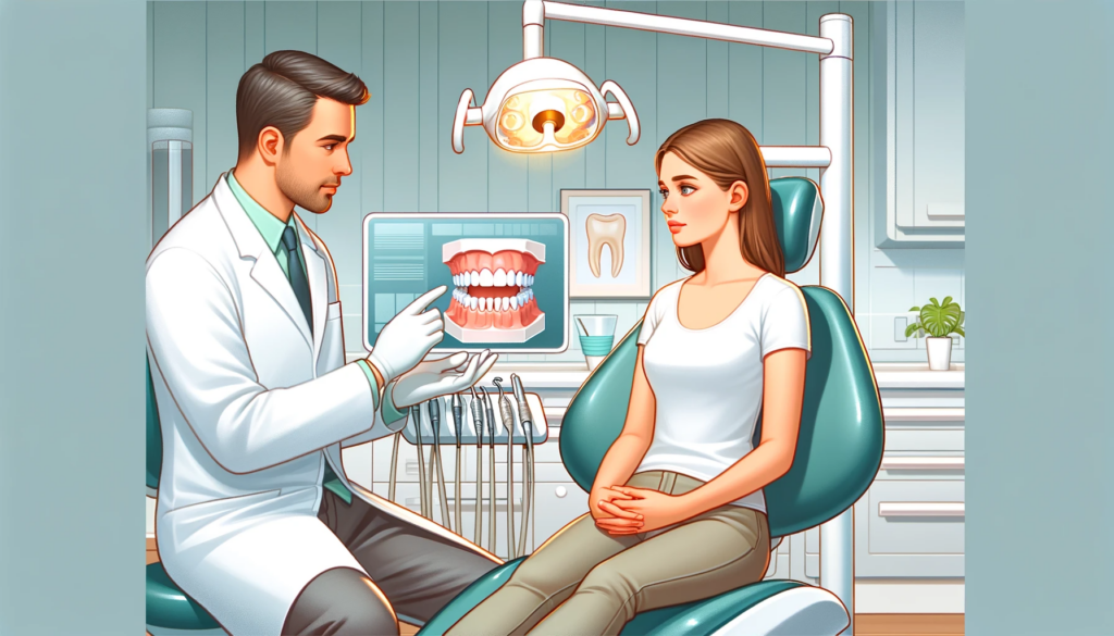 Dentist showing teeth model to patient in clinic.