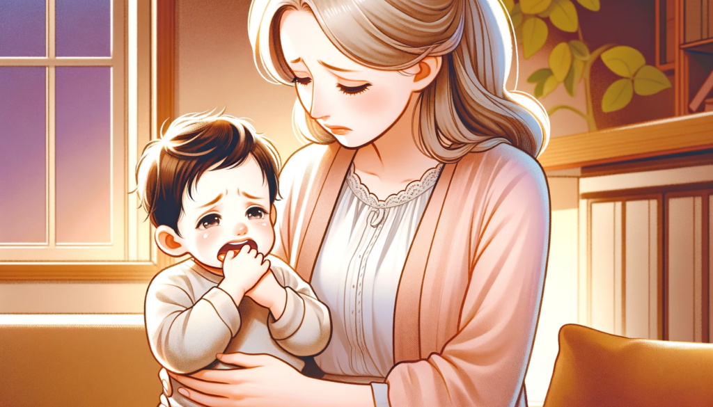 Mother comforting crying child indoors, emotional illustration.
