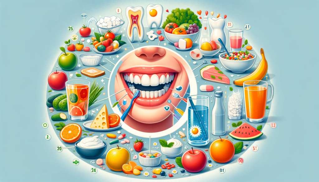 Colorful dental health and nutrition infographic illustration.