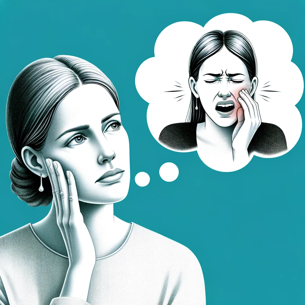 Illustration of woman imagining herself with a toothache.