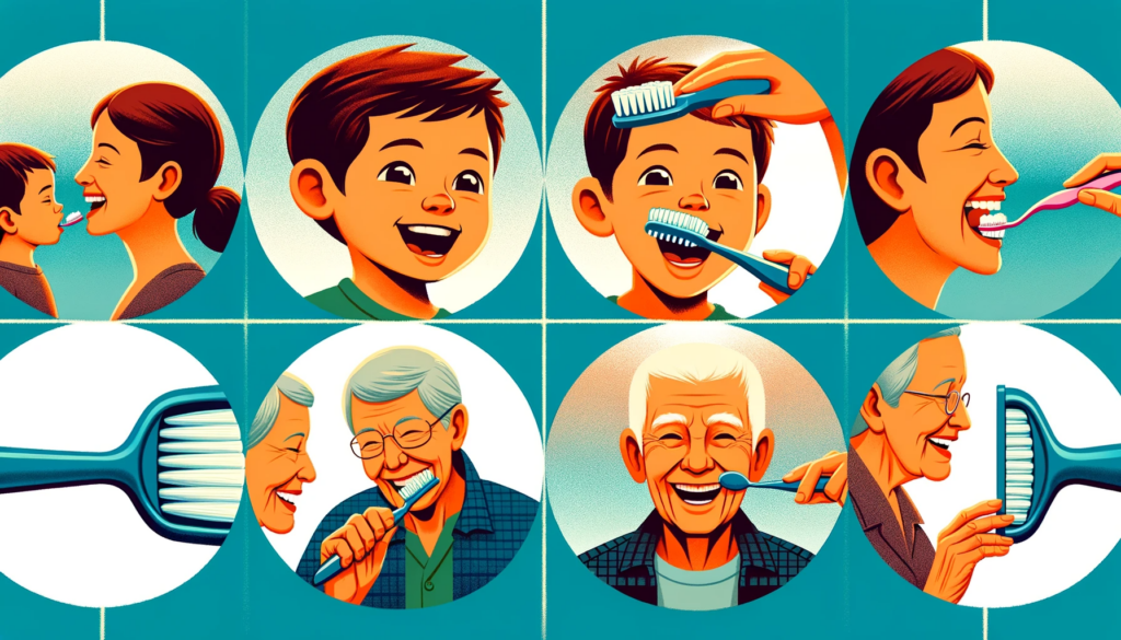 Colorful illustrations depicting people of all ages brushing teeth.