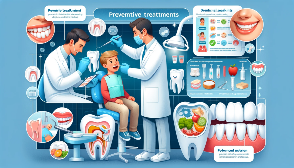 Dentist explaining oral hygiene to child with dental infographics.