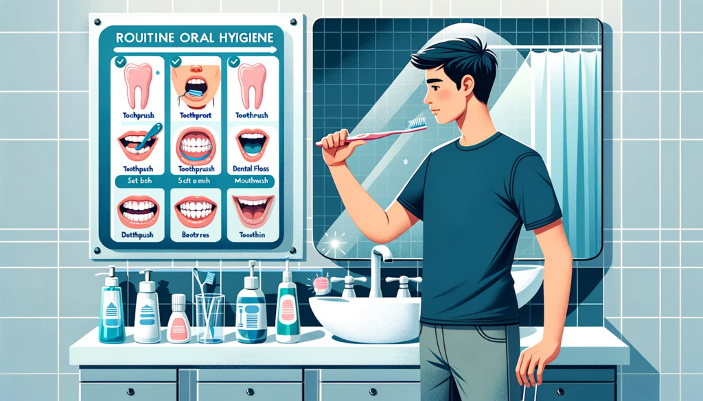 Man brushing teeth with oral hygiene guide poster.