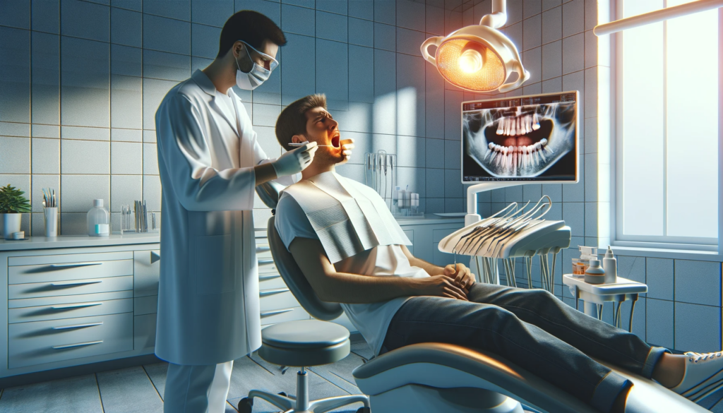 Dentist examining patient with equipment and digital X-ray.