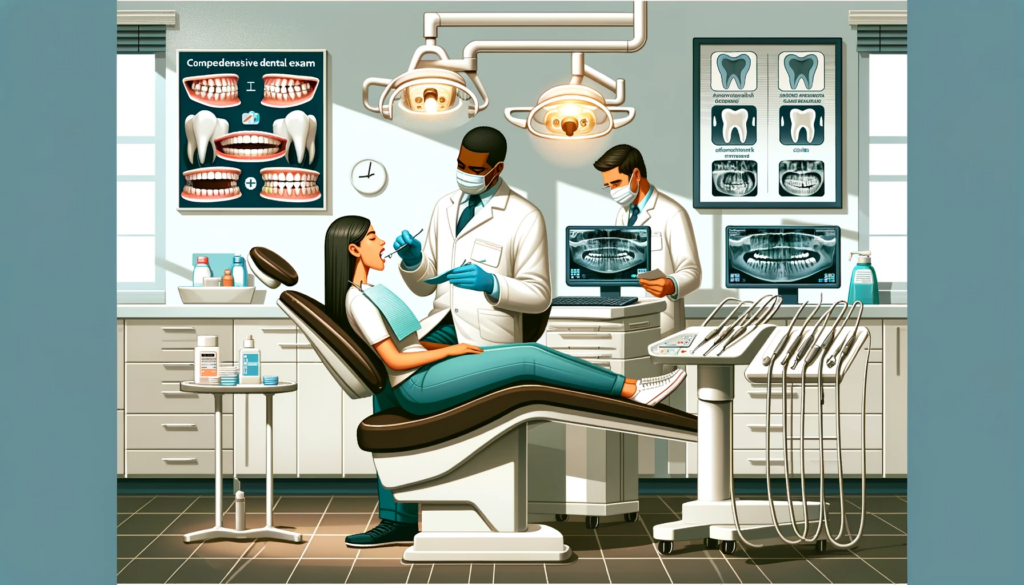 Dentists performing checkup in modern dental office illustration.