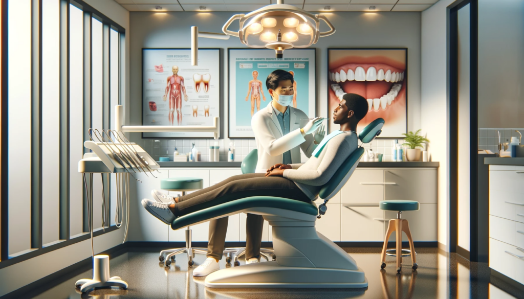 Dentist examining patient in modern dental clinic.