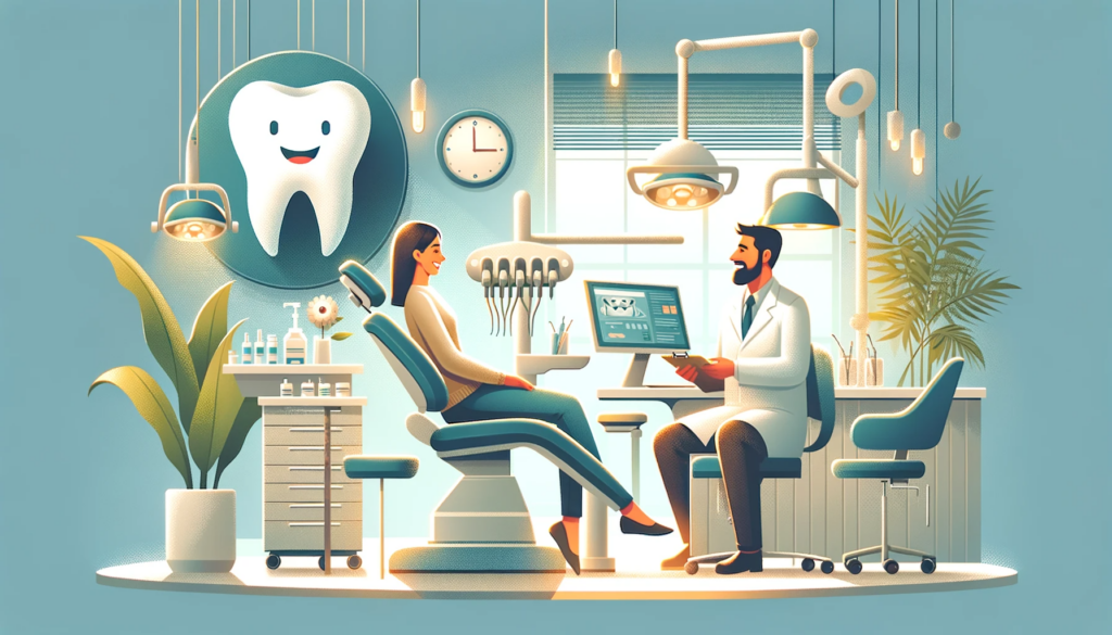 Dentist consulting patient in modern dental office illustration.