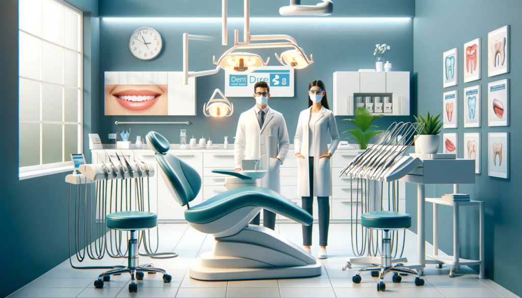 Modern dental clinic interior with dentists and equipment.
