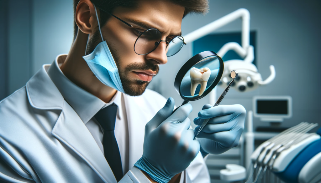 Dentist examining a tooth model with magnifying glass.