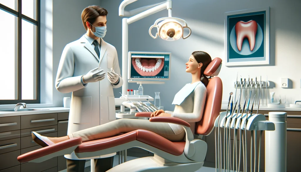 An illustration in a 16x9 format, depicting a dentist in a white coat, wearing gloves and a mask, standing next to a dental chair. The dentist is talk