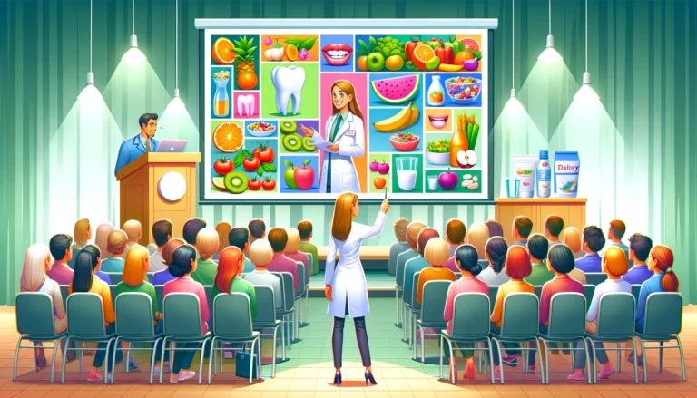 An illustration in a 16x9 format, depicting a dentist standing in front of a presentation screen, giving a talk about healthy foods for good dental he