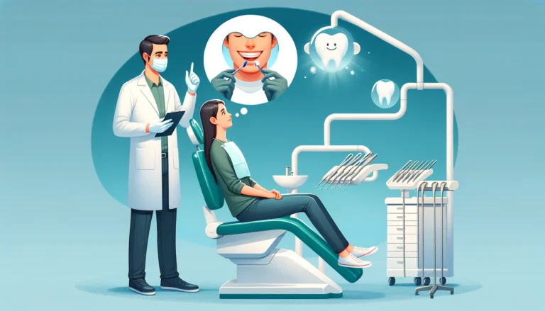 An illustration in a 16x9 format, featuring a patient sitting in a dental chair and a dentist standing beside them, explaining something. The dentist,