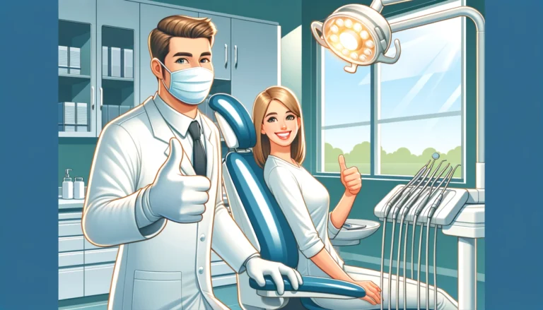 An illustration in a 16x9 format, showing a dentist in a white coat, gloves, and a mask, giving a thumbs up next to a smiling patient. The patient is