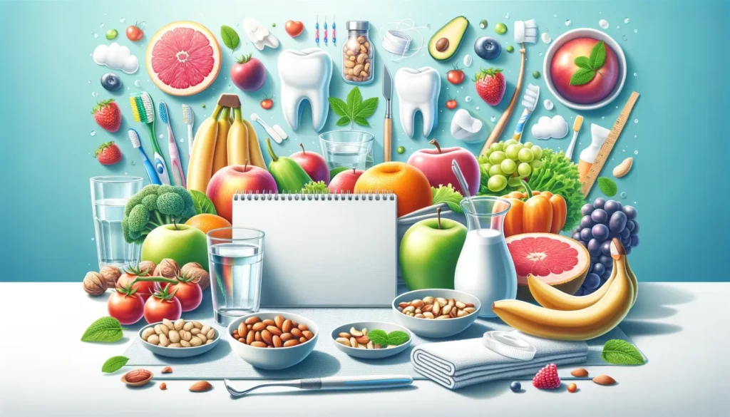Colorful healthy eating and dental care illustration.