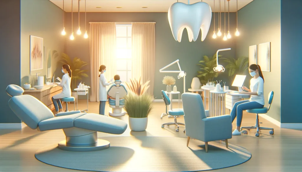 Modern dental office interior with staff and equipment.