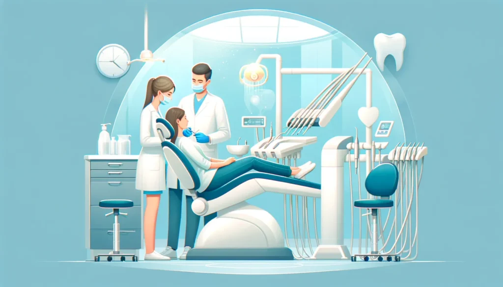 Illustration of a modern dental clinic interior with patients.