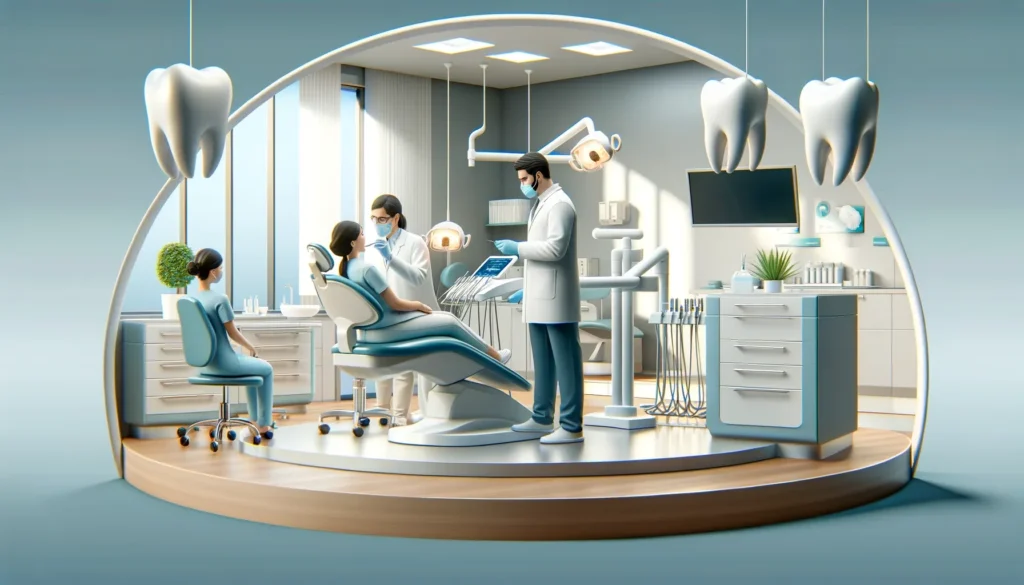 Modern dental clinic interior with staff and patient.