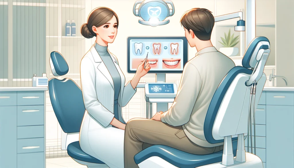 An illustration in a 16_9 aspect ratio, depicting a compassionate female dentist in a modern, well-lit dental office, explaining dental procedures to