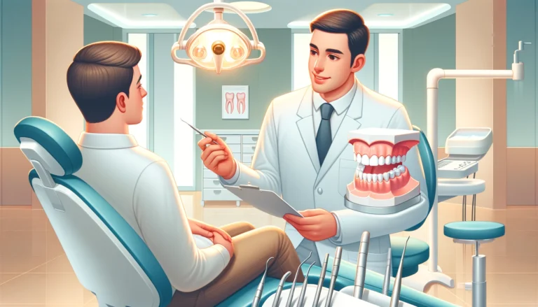 An illustration in a 16_9 aspect ratio, depicting a warm and professional dentist in a white coat, engaging in a detailed explanation with a client ab