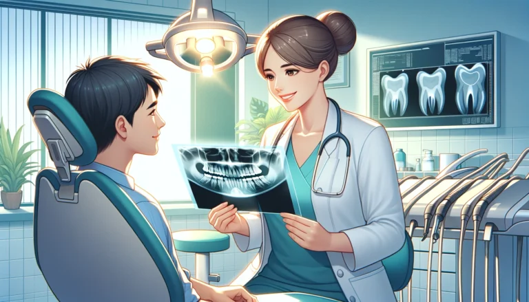 Illustration in a 16_9 aspect ratio, capturing a moment of consultation between a knowledgeable female dentist and her patient within a serene, state-