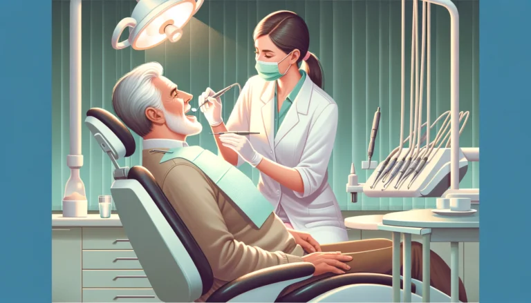 Illustration in a 16_9 aspect ratio, showcasing a female dentist providing a dental check-up to a senior patient in a calm and reassuring dental clini