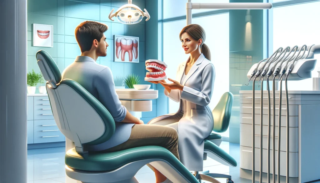 In a 16_9 aspect ratio, this illustration showcases a skilled female dentist in a bright, contemporary dental office, engaging a patient in a discussi