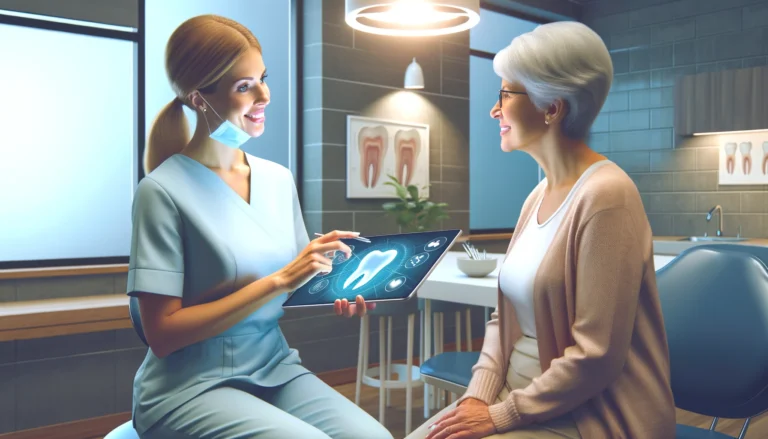 This 16_9 illustration portrays a friendly female dentist discussing preventive dental care with a patient in a modern, inviting dental clinic. The de
