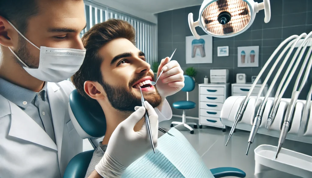 A dentist's office with a dentist examining a patient's teeth, focusing on the gums. The patient is sitting in a modern dental chair, and the dentist