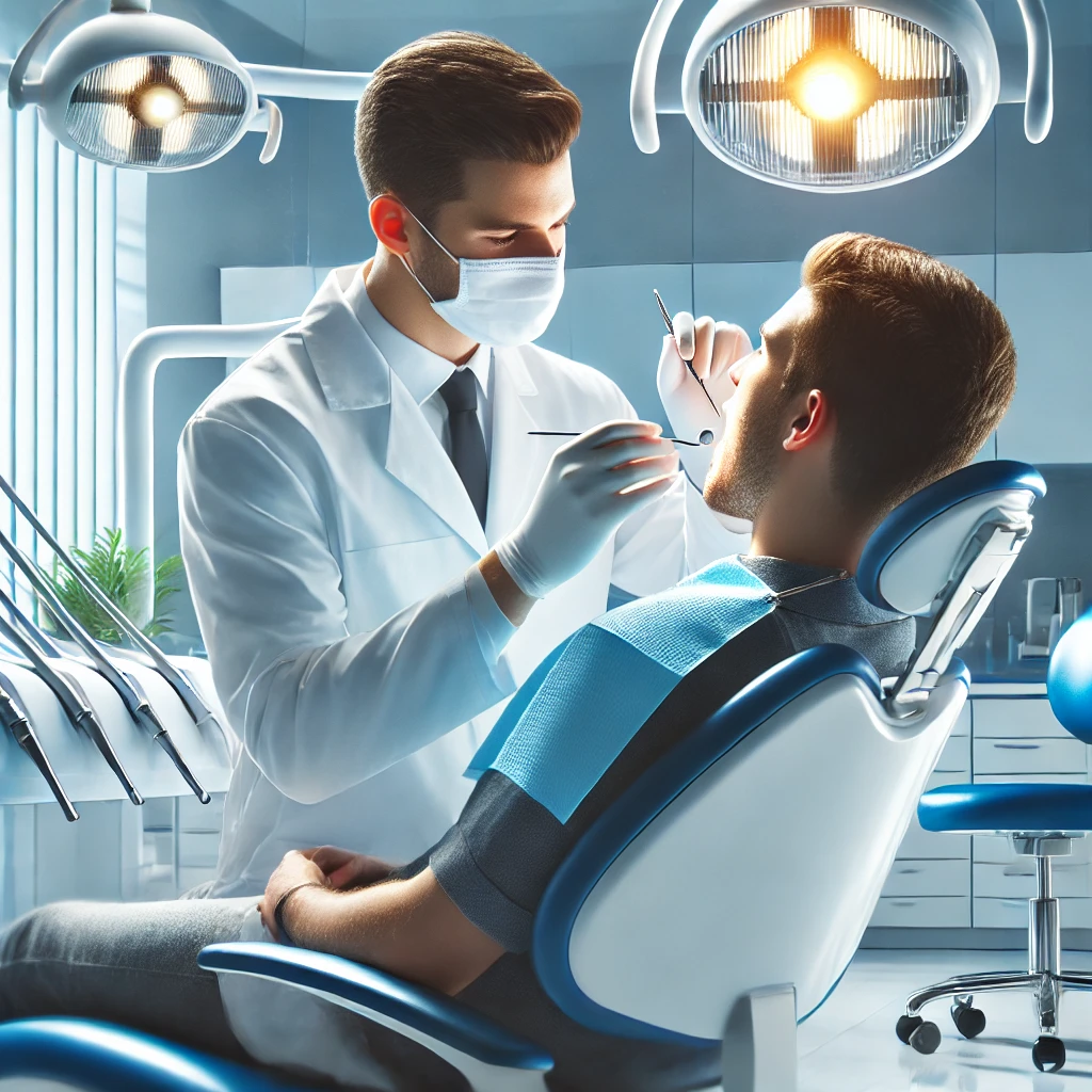 Emergency Dentist Riverside - A modern dental office setting where a patient is receiving emergency dental treatment. The dentist, wearing a white coat and gloves, is examining the