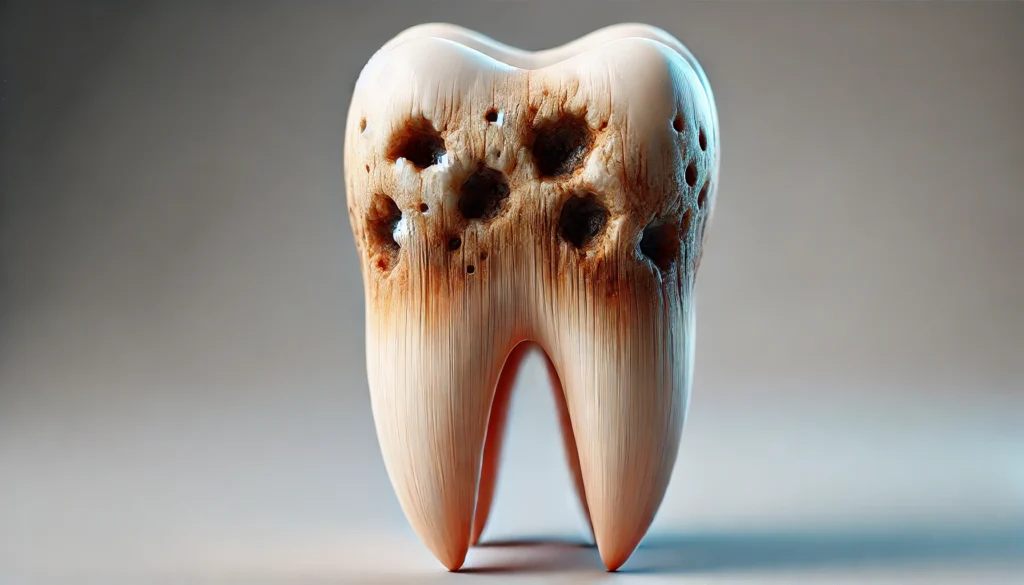 A realistic close-up image of a human tooth showing advanced tooth decay. The tooth has visible cavities, brown and black discoloration, and erosion o