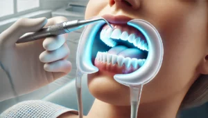 Image of a dental procedure showing professional teeth whitening. The image depicts a close-up of a person's mouth with a dental retr