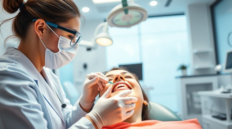 A bright, vibrant close-up shot focusing on a modern dental clinic. A dentist and hygienist attend to a patient within a clean, modern setting. The image features lively and energetic colors, detailed focus, with