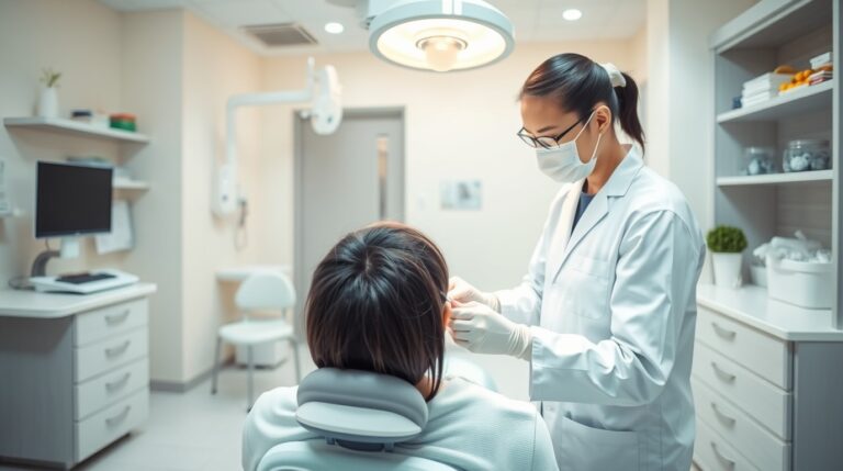 A gentle and soothing image of a modern dental clinic depicted in soft pastel colors. A dentist performs a routine exam on a patient in a calm setting, highlighting the clinic's clean and comfortable atmosphere