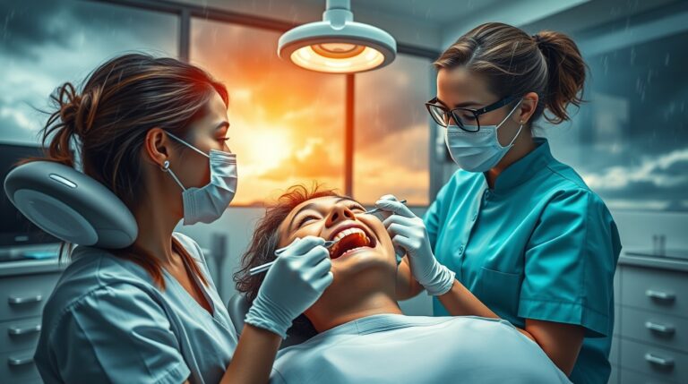 A high-resolution photorealistic image of a dental cleaning with intense dramatic weather effects. The scene shows a patient and hygienist in a modern dental clinic