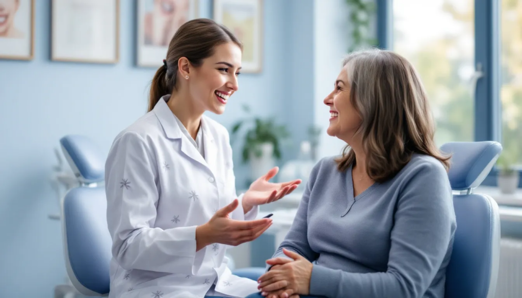 A friendly female dentist is engaged in a discussion with a client about their dental options, highlighting the various services and benefits available through their network dentist. The setting suggests a welcoming office environment, emphasizing the importance of accessibility and coverage for patients in the area.