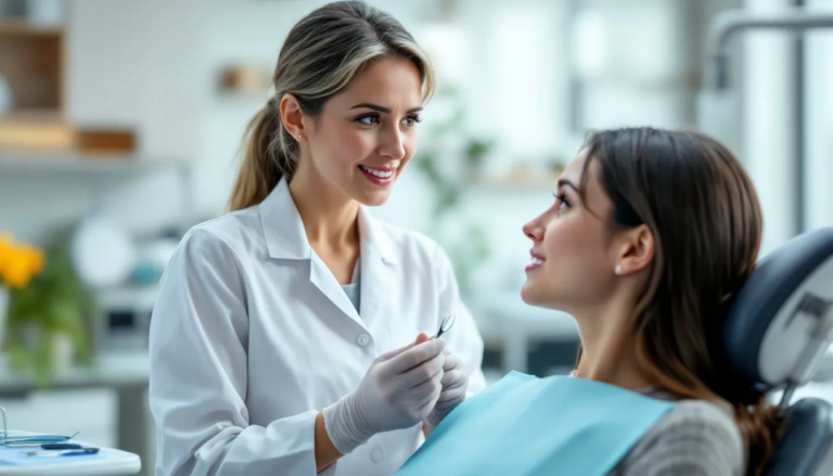 A female dentist is seen consulting with a client in a dental office, discussing cosmetic dentistry options to enhance the client's smile. The dentist is demonstrating a professional and caring approach, emphasizing the importance of oral health and potential cosmetic procedures like teeth whitening and dental veneers.