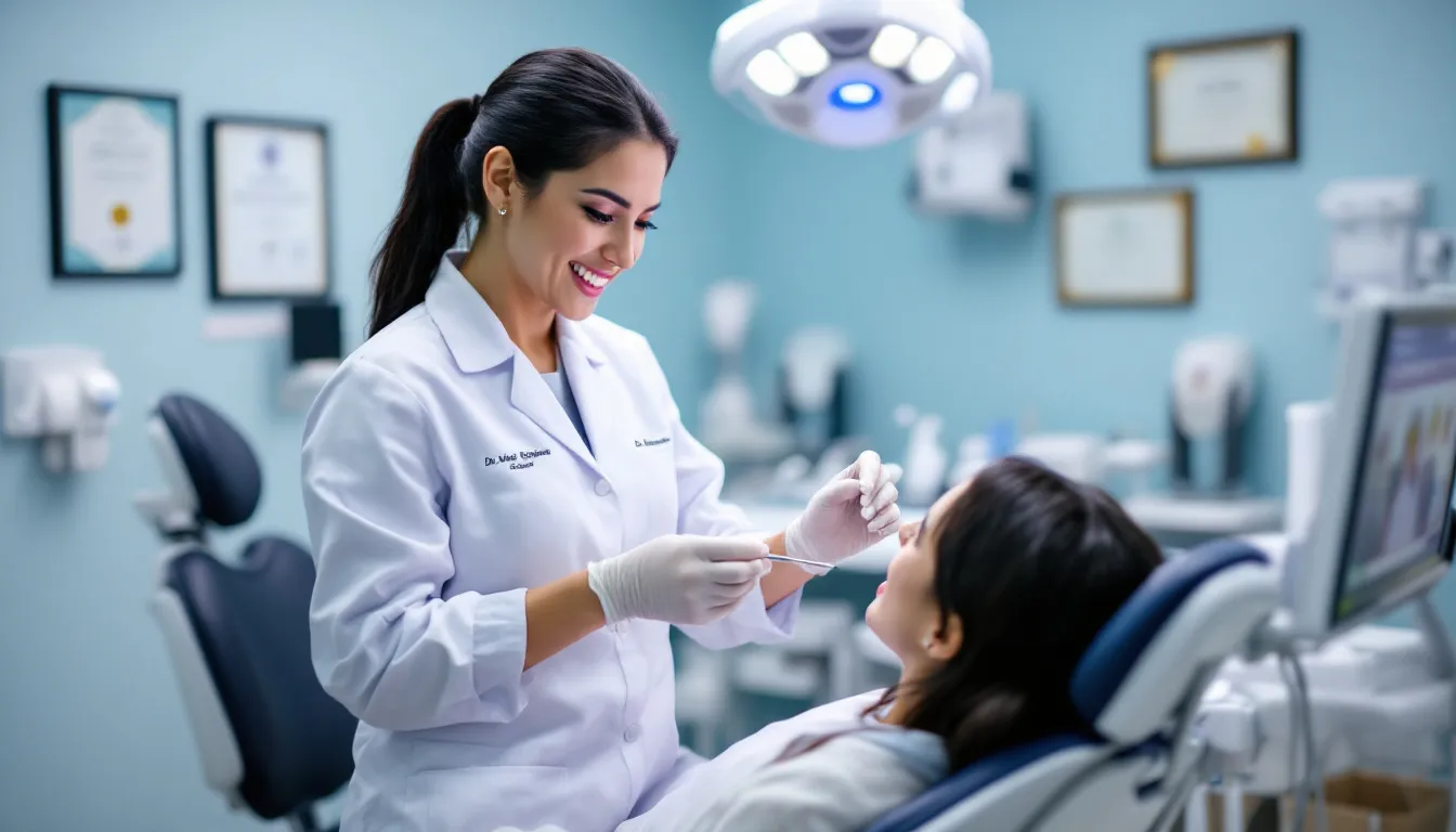 A female dentist is seen consulting with a client in a dental office, discussing cosmetic dentistry options to enhance the client's smile. The dentist is demonstrating a professional and caring approach, emphasizing the importance of oral health and potential cosmetic procedures like teeth whitening and dental veneers.