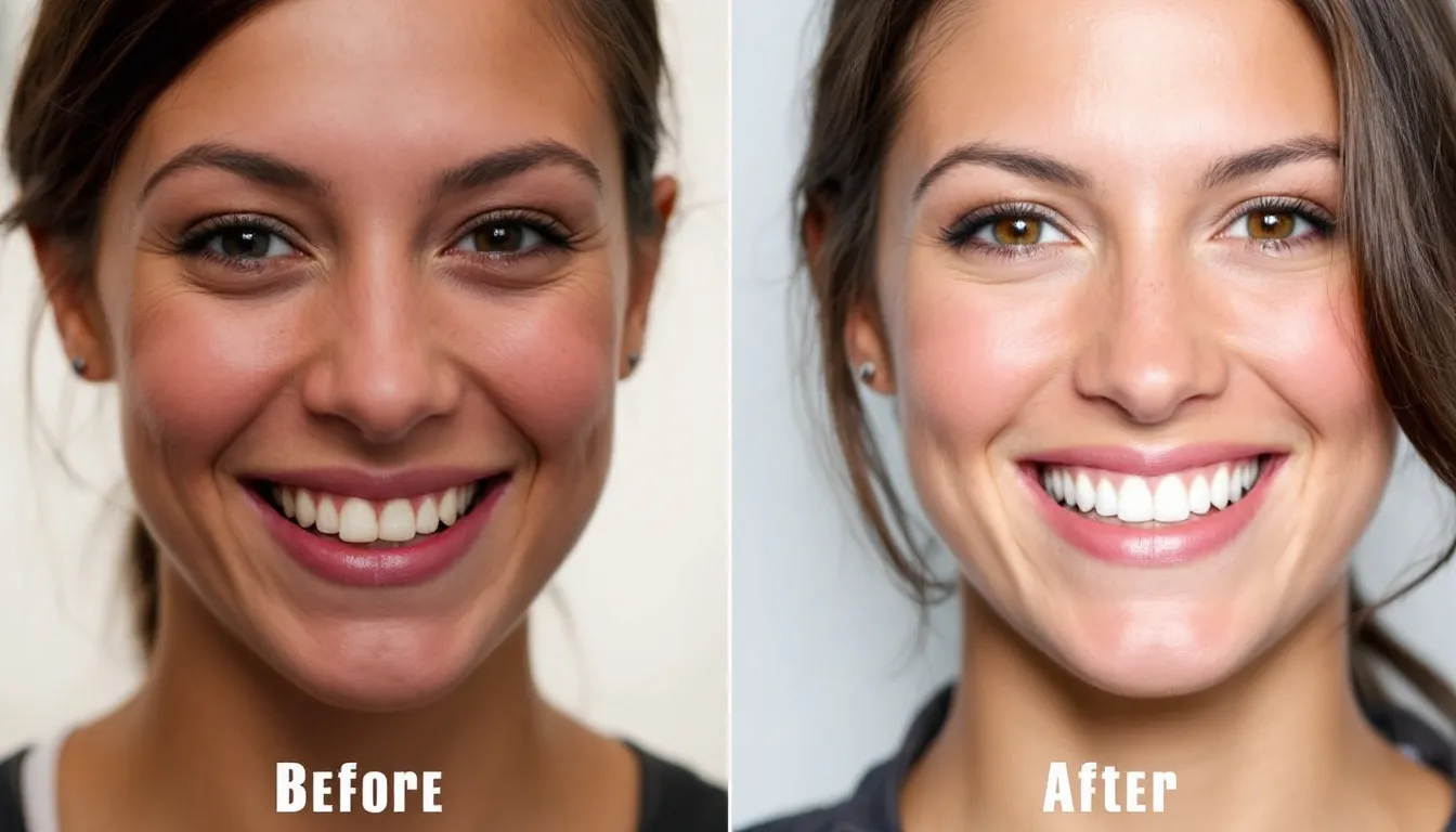 In this image, a side-by-side comparison showcases a dramatic dental transformation featuring before and after results of cosmetic dentistry procedures. The "before" image displays misaligned and discolored teeth, while the "after" image reveals a beautiful smile with natural-looking results, highlighting the effectiveness of treatments such as teeth whitening and dental veneers.