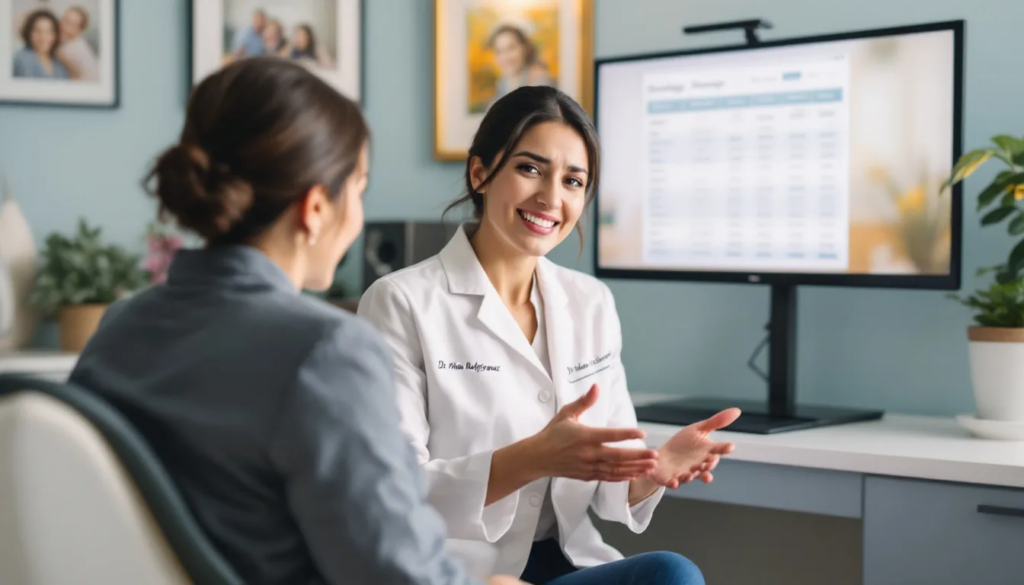 In the image, a female dentist is engaged in a conversation with a client, explaining the details of dental insurance coverage, including options from the Guardian dental network and affordable dental plans. The setting conveys a professional atmosphere, reflecting the commitment of passionate dentists to provide world-class support services and assistance in understanding dental benefits.