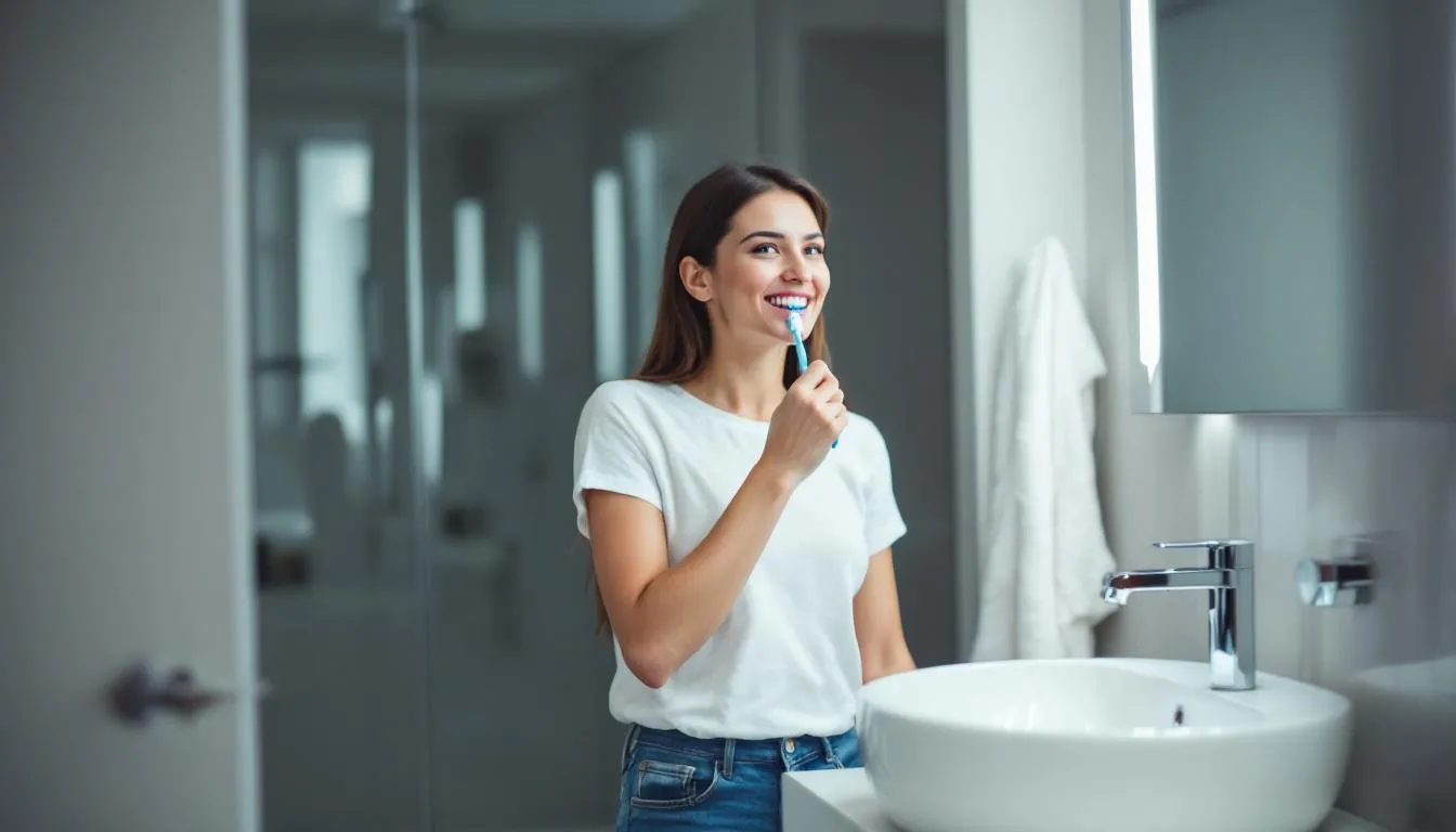 An individual is brushing their teeth in front of a mirror, demonstrating good oral hygiene habits essential for maintaining optimal oral health and preventing tooth decay. The person uses fluoride toothpaste to help protect their teeth and gums from potential dental problems.
