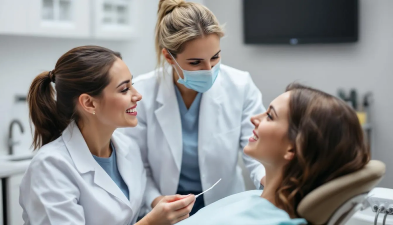 A female preventive in dentistry is engaged in a friendly conversation with a patient, discussing the importance of maintaining optimal oral health through regular dental visits and preventive care. The scene emphasizes the role of preventive dentistry in preventing tooth decay and gum disease.