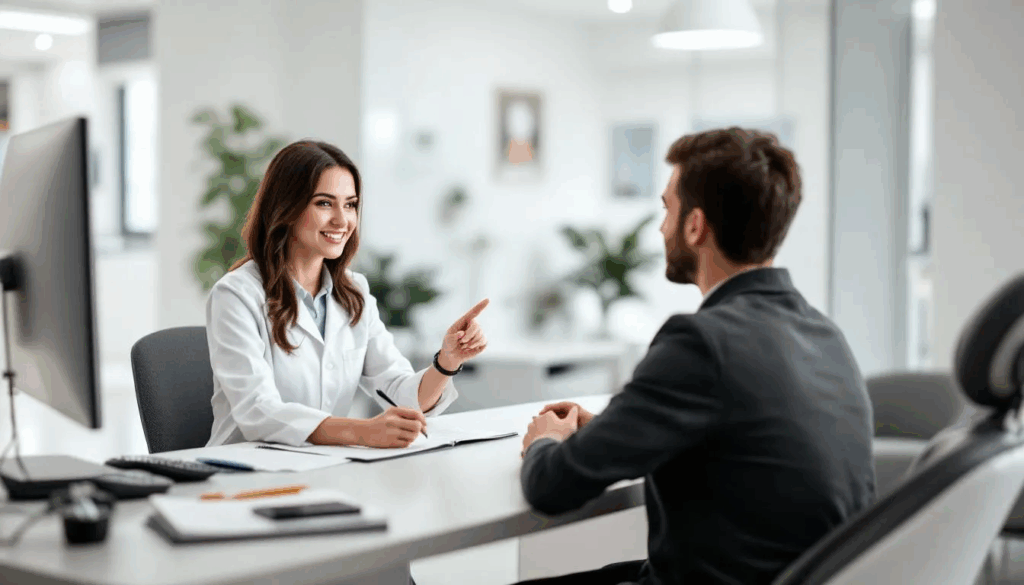 A woman dentist is seated at her office desk, engaged in a conversation with a client about various dental insurance options, specifically focusing on the benefits and coverage of preferred provider organization (PPO) plans. The discussion highlights how these insurance plans can meet the client's specific dental needs while considering costs and available benefits.