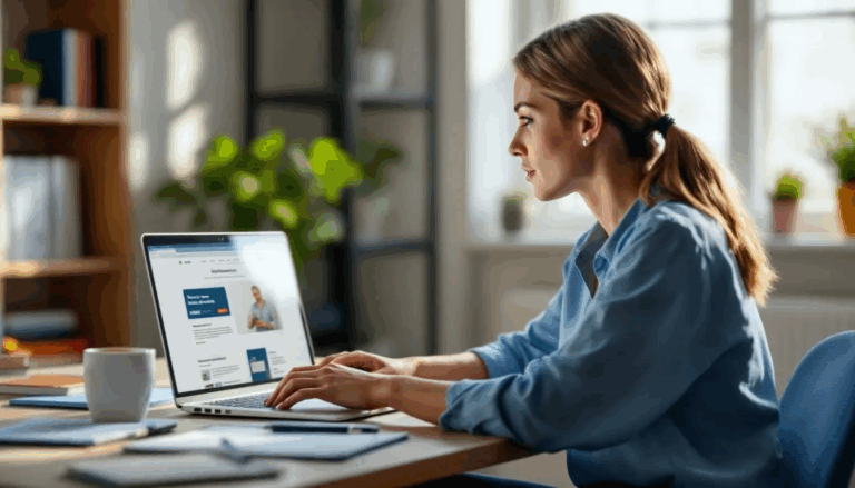 A woman is sitting at a desk, intently searching for information on a computer about insurance options, specifically focusing on dental care plans from the Guardian Life Insurance Company. The screen displays various filter options to help her find a network dentist in New York, showcasing the benefits of different PPO plans and covered services.