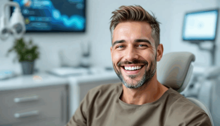 A dental patient is smiling brightly, showcasing their healthy teeth, which reflects the positive impact of dental care and preventive services. This image emphasizes the importance of dental insurance plans and the benefits they provide for maintaining good oral health.