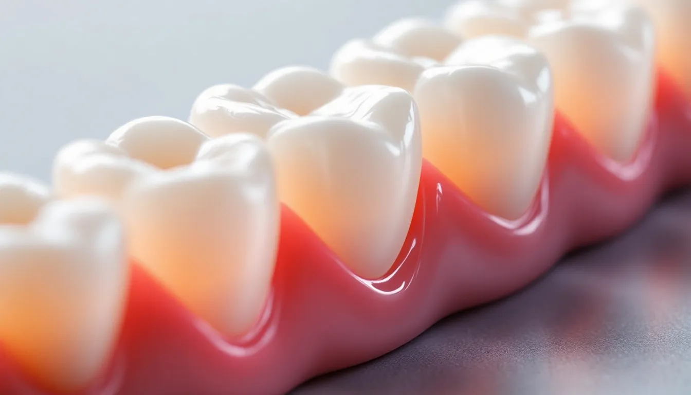 A close-up view showcases beautifully crafted dental crowns and porcelain veneers, highlighting their natural appearance that enhances the smile. These cosmetic dentistry procedures are designed to improve the overall oral health and aesthetic of teeth, providing a bright and confident smile.