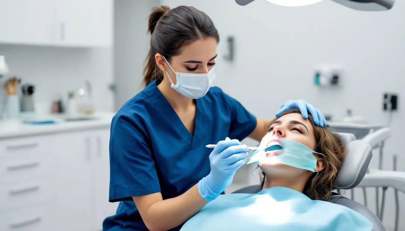 A dental hygienist is performing a professional teeth cleaning on a patient, using specialized tools to remove plaque and tartar from the surfaces of the teeth and gums, promoting oral health and preventing issues like tooth decay and gum disease. The hygienist ensures the patient maintains healthy teeth through this essential dental procedure.